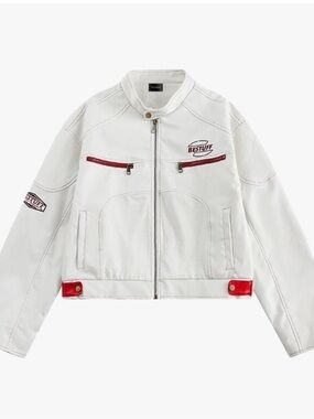 White Moto Biker Women's PU Leather Jacket with Red Accents